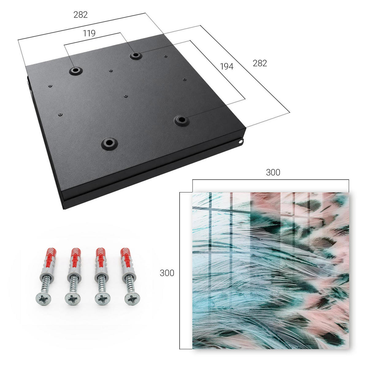 SCHLÜSSELBOX Schwarz 30x30 cm- Türöffnung nach rechts - Pastellfarbene Federn - Hellblau, Metall (30/30/5cm) - TULUP