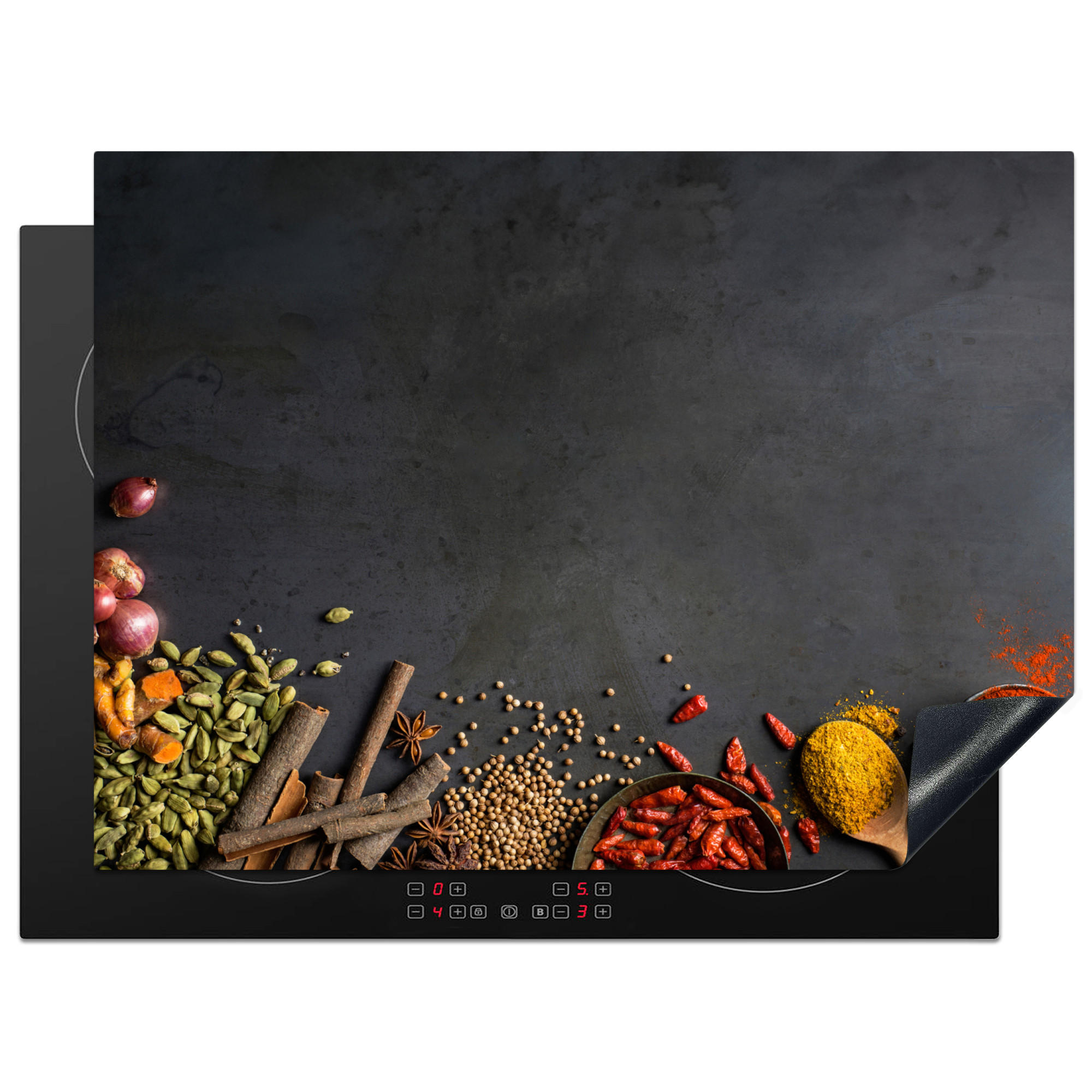MuchoWow KRYT NA INDUKČNÍ DESKU Bylinky - Potraviny - Koření - Černá - Paprika - Skořice 70x52 cm