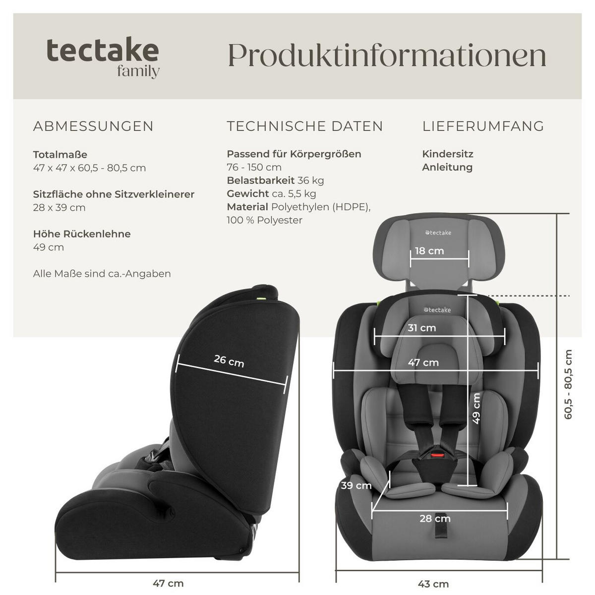 AUTOSITZ Sophie,von 76 bis 150 cm, Belastbarkeit 36 kg,dunkelgrau/schwarz - Dunkelgrau/Schwarz, Kunststoff (47/80.5/47cm) - tectake