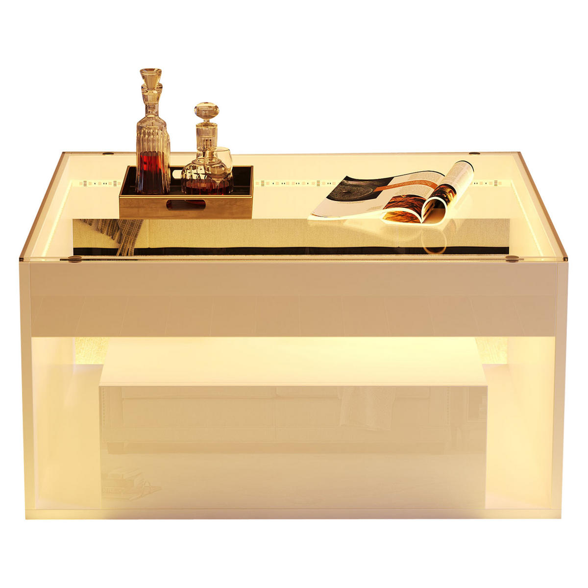 COUCHTISCH 70/70/35 cm mit LED-Beleuchtung, 2 Schubladen und Glasplatte, Weiß - Weiß, Holzwerkstoff (70/70/35cm) - Redom