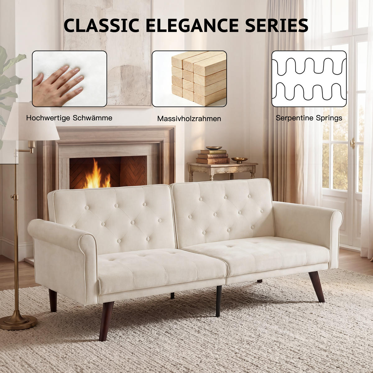 SCHLAFSOFA 150/89/70 cm in Beige Samt mit Verstellbarer Rückenlehne - Beige, Textil (172/70/89cm) - Oxeza