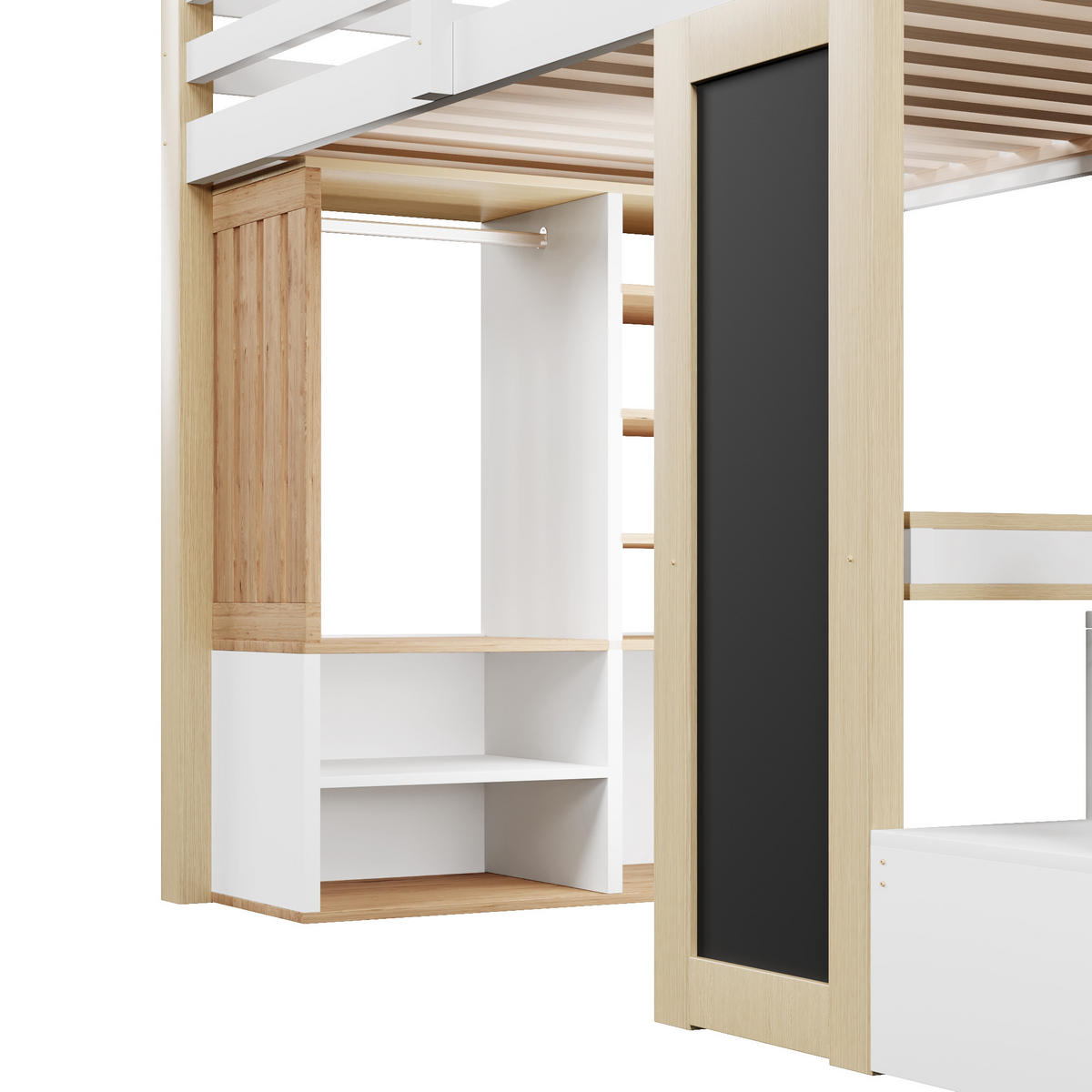 HOCHBETT 90/200 cm in Weiß & Natur mit Schreibtisch, Kleiderschrank und LED - Weiß/Naturfarben, Holz/Holzwerkstoff (90/200cm) - WISHDOR