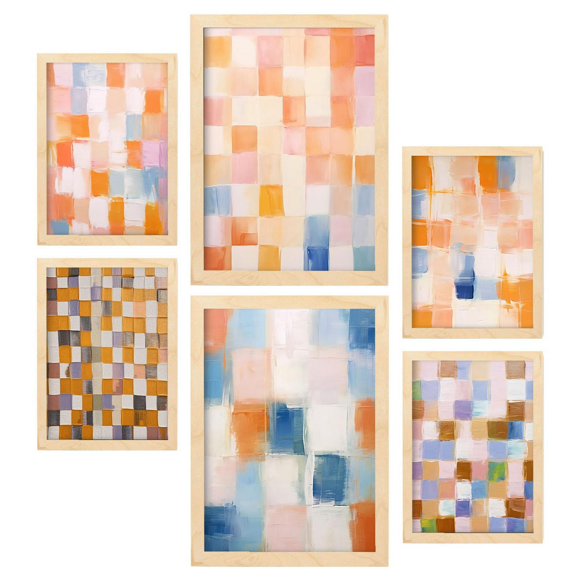 POSTER Set Mit 6 Orange & Blau Mosaik 2 A3 & A4 Rahmen Aus Hellem Holz - Beige, Papier (29/3cm) - Nacnic