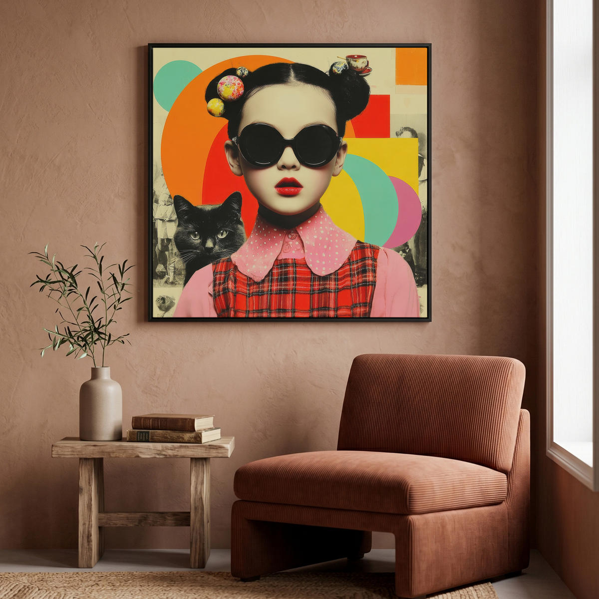 LEINWAND Bilder mit Rahmen - Mädchen - Sonnenbrille - Katze - Retro - 90x90 - Beige, Textil (90/90cm) - MuchoWow