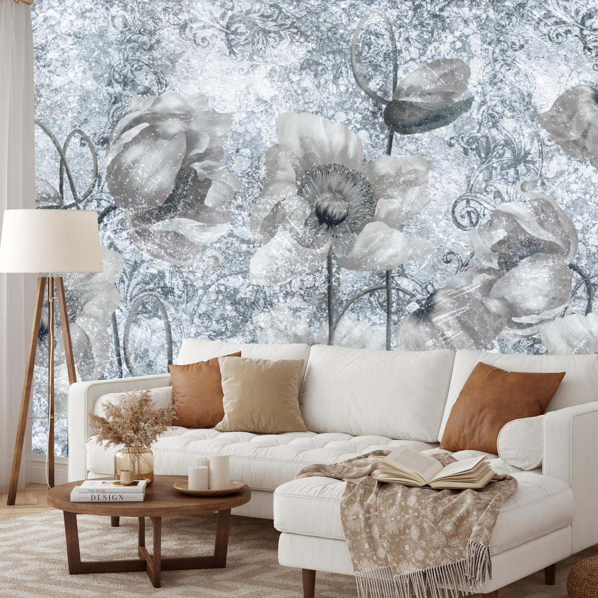 FOTOTAPETE für Wohnzimmer Grau Mohnblumen Beton Blumen Blätter 100x70 - Grau, Papier (100/70cm) - Muralo