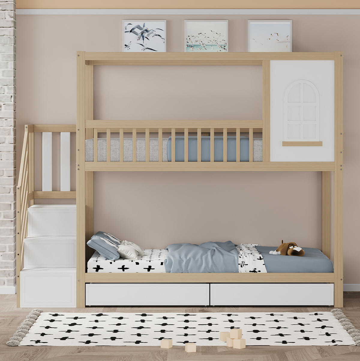 ETAGENBETT 90/200 cm aus Massivholz mit Stauraum und Sicherheitsleiter - Naturfarben, Holz (90/200cm) - BEAOK