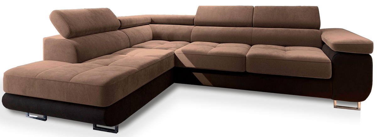 ECKSOFA SELVA L-S Beige Velours-Stoff mit Schlaffunktion - Beige, Holz (275/202cm) - MASSENO