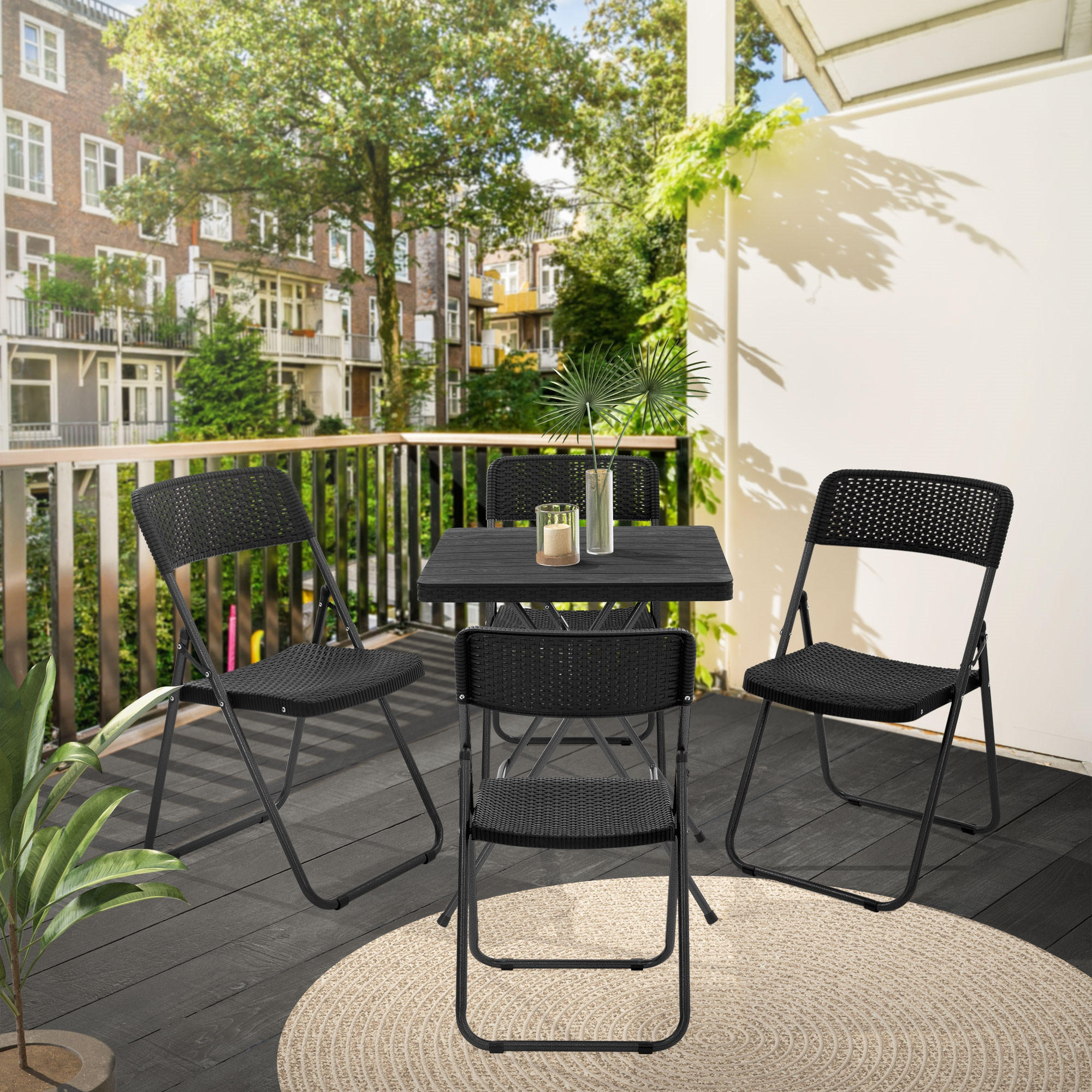 KLAPPSTUHL 4er Set Rattan-Optik Schwarz Kunststoff Metall - Dunkelgrau, Metall (51/82/46cm) - ECD-Germany