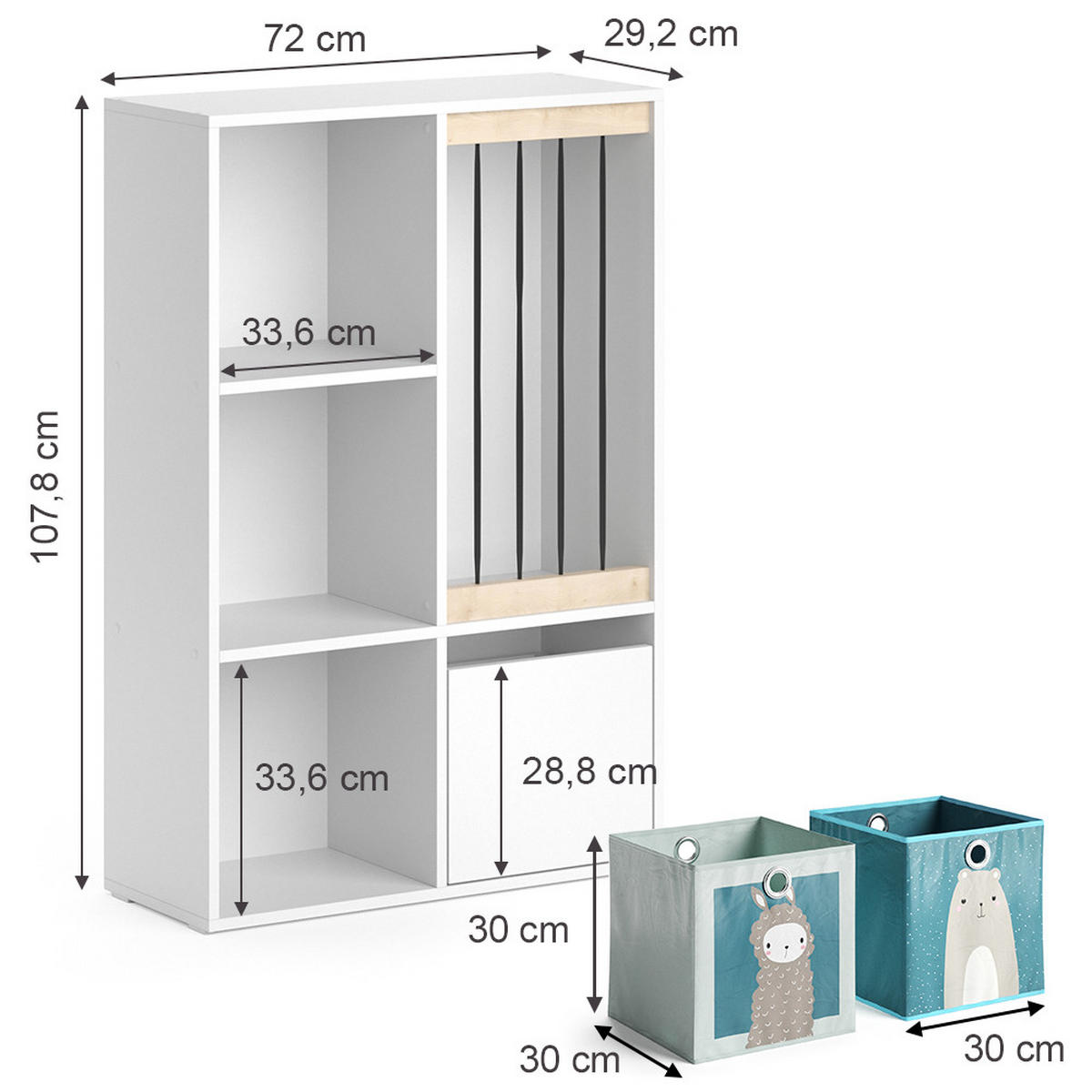 KINDERREGAL Luigi Weiß 72 x 107.8 cm mit 2 Faltboxen opt.6 - Weiß, Holzwerkstoff (29.2/107.8/72cm) - Vicco