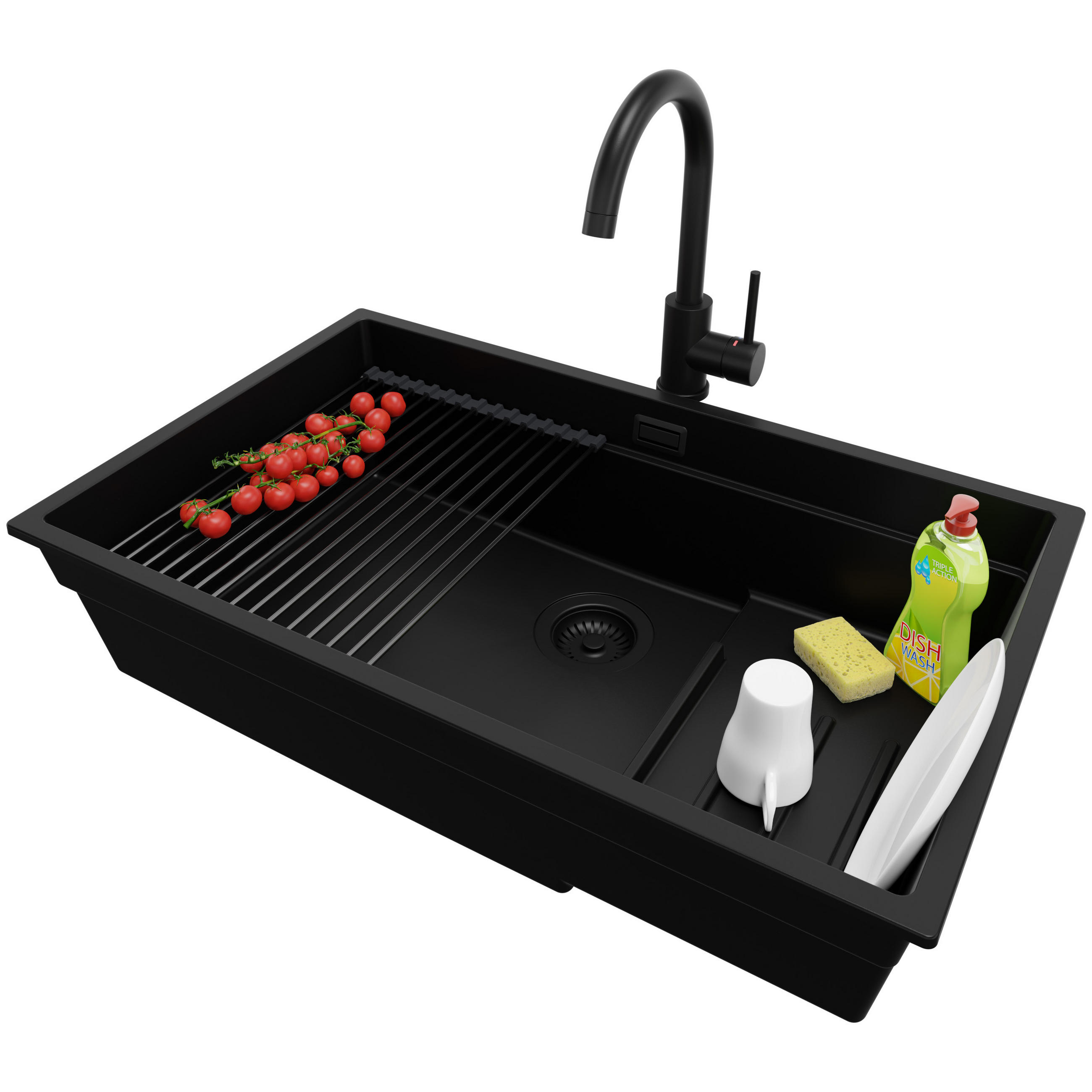 UNTERBAUSPÜLE GRANIT Praga, 2-er set Schwarz 76/47 cm 1 Becken + Küchenarmatur 32/20 cm + Ablauf-Set + Aufrollbare Abtropffläche ab 80er Unterschrank - Schwarz, Kunststoff (76/20/47cm) - Primagran