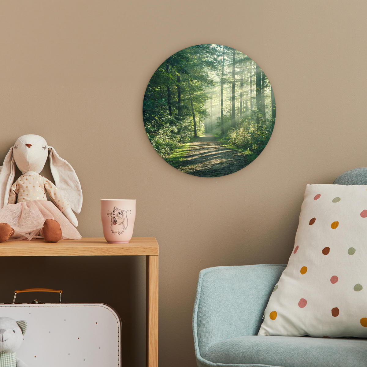 WANDBILD Wald - Weg - Sonne - Bäume - Grün - Natur Deko Wohnzimmer 30x30 cm - Waldgrün, Kunststoff (30/30cm) - MuchoWow