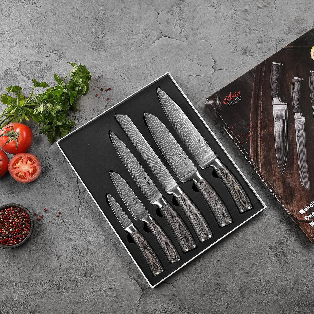 MESSERSET 6-TEILIG 8,5–20 cm - Grau, Holz/Metall - Wakoli