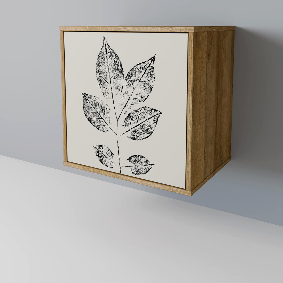 SIDEBOARD LEAFY STAMPS, Eichefarben, 57,5x42x67,5 cm, Schwarze Metall-Rahmenfüße - Eichefarben/Multicolor, Holzwerkstoff/Metall (57.5/67.5/42cm) - SpaceRebels