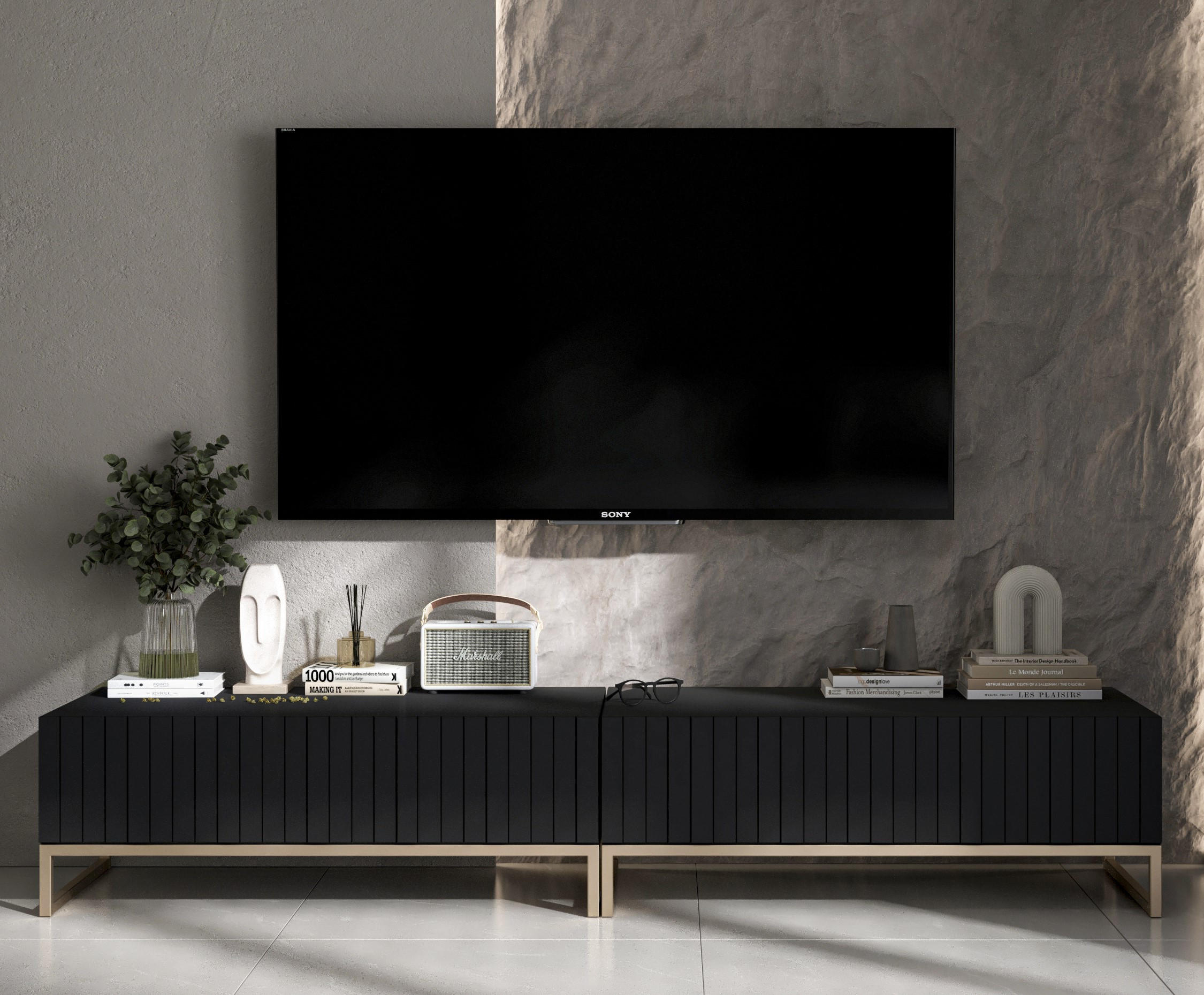 TV-LOWBOARD 2-er Set Elpis Schwarz Matt Glamour 110 cm - Goldfarben/Schwarz, Holzwerkstoff/Metall (220/39/54cm) - Meble Lindner