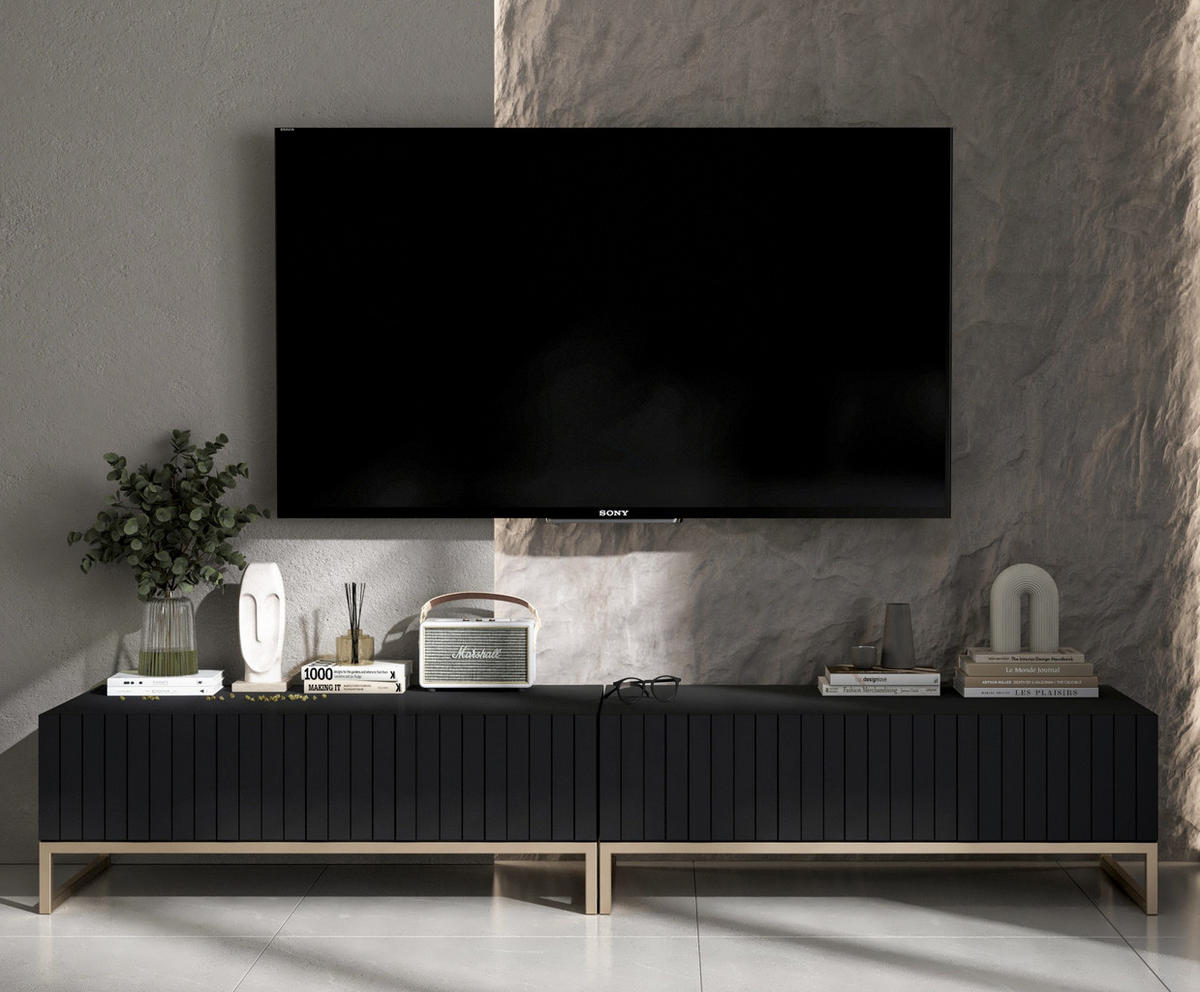 TV-LOWBOARD 2-er Set Elpis Schwarz Matt Glamour 110 cm - Goldfarben/Schwarz, Holzwerkstoff/Metall (220/39/54cm) - Meble Lindner