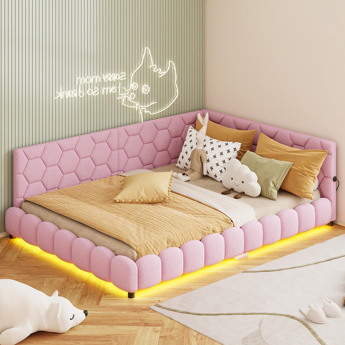 SCHLAFSOFA 140x200cm, Rosa, Lammwolle, mit LED-Lichtleiste und 2 USB-Anschlüssen, ohne Matratze - Rosa, Holz (140/200cm) - WoodenAura