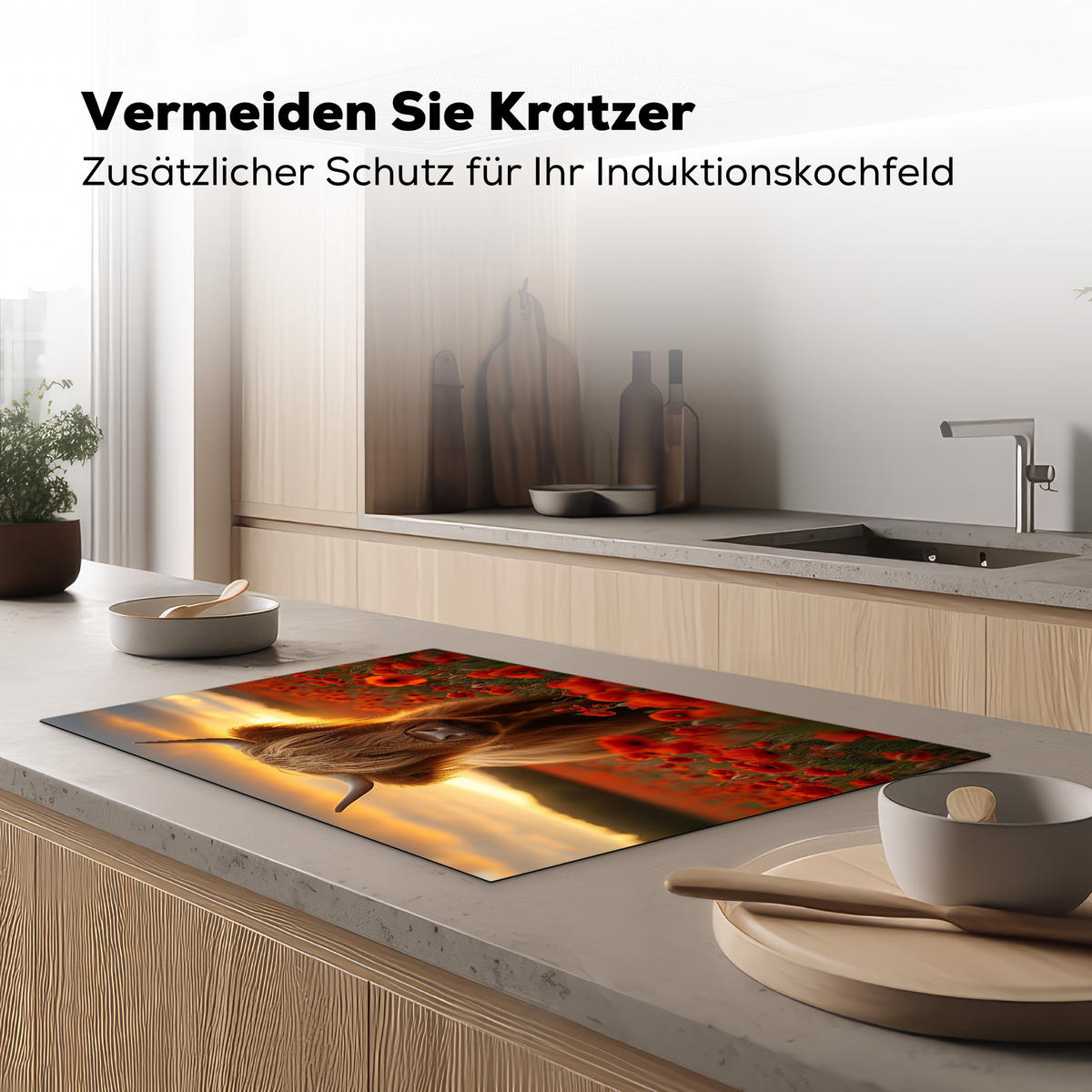 HERDABDECKPLATTE Schottische Highlander - Rosen - Blumenfeld - Sonnenuntergang Induktionsmatte 81x52 cm - Rotbraun, Kunststoff (81/52/0.2cm) - MuchoWow