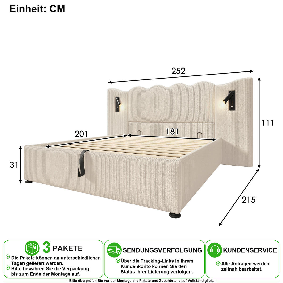 POLSTERBETT 180/200 cm in Beige & Weiß Cord mit Bettkasten, Leselampe und USB, Type-C - Beige, Holzwerkstoff/Textil (180/200cm) - CHICFURN