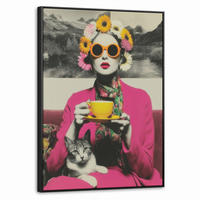 LEINWAND Bilder mit Rahmen - Frau - Katze - Blumen - Tasse - Retro - 50x70 - Magenta, Textil (50/70cm) - MuchoWow