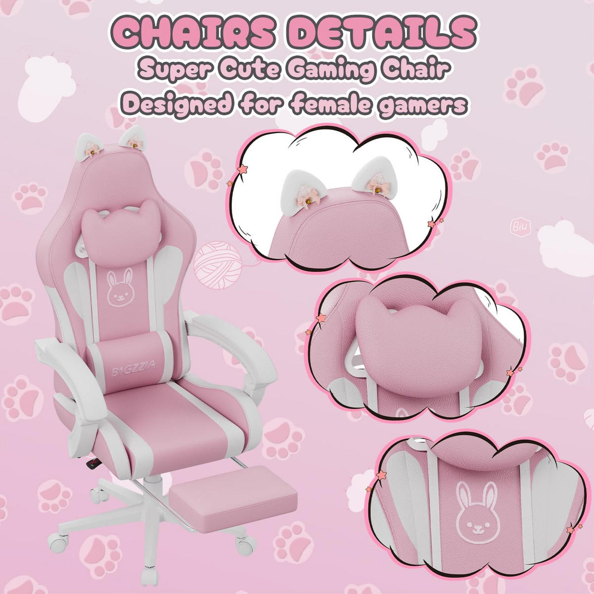 Gaming-Stuhl Katzenohren, Massage, Fußstütze – Rosa/Weiß - Pink, Leder (59/120/56cm) - Rattantree