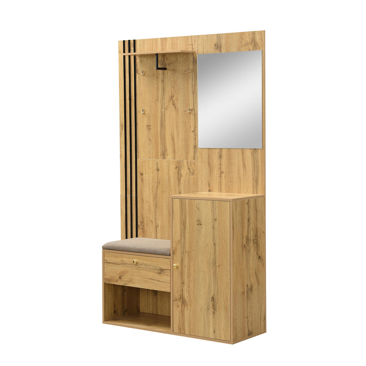 DIELENGARDEROBE mit Spiegel und Sitzbank, 115/37/185 cm, in Natur/Schwarz - Naturfarben, Holzwerkstoff (37/185/115cm) - BEAOK
