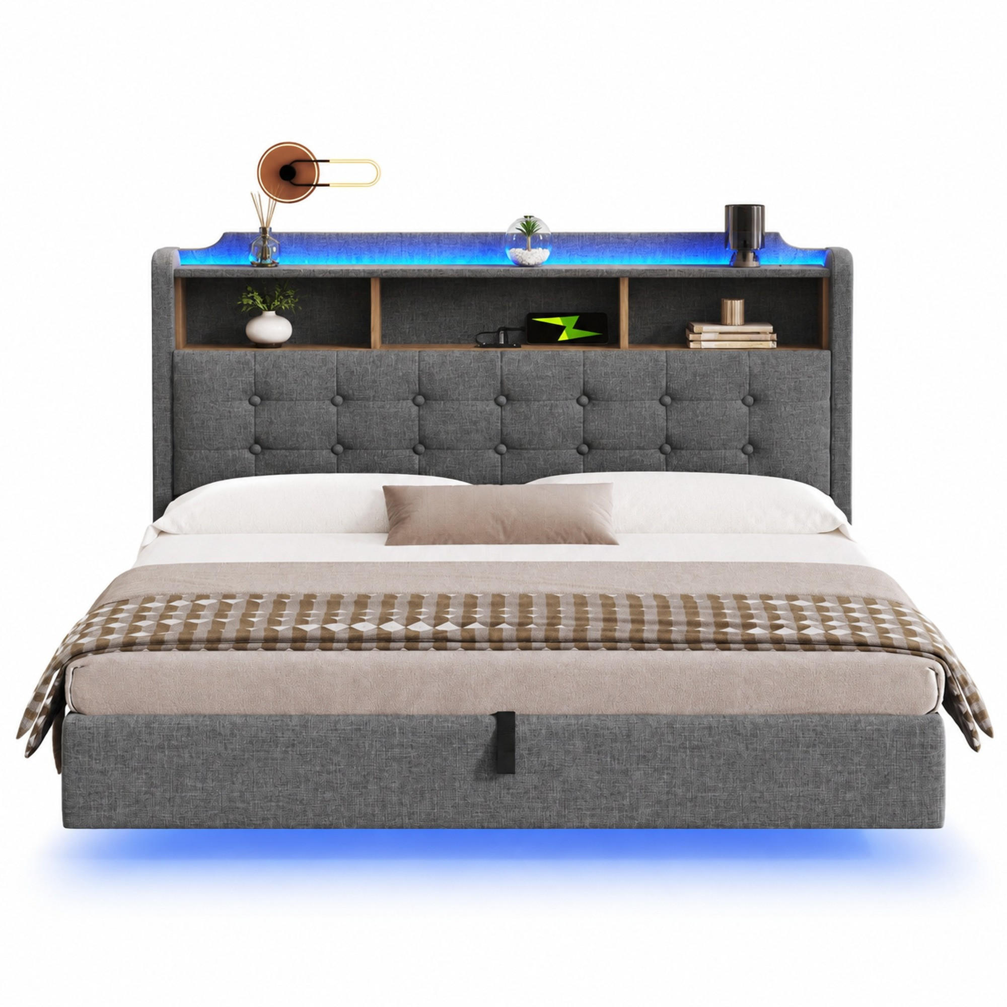 POLSTERBETT 180/200 cm aus Leinen und MDF mit LED-Lichtleiste, Grau - Grau, Textil (180/200cm) - OKMYHOME