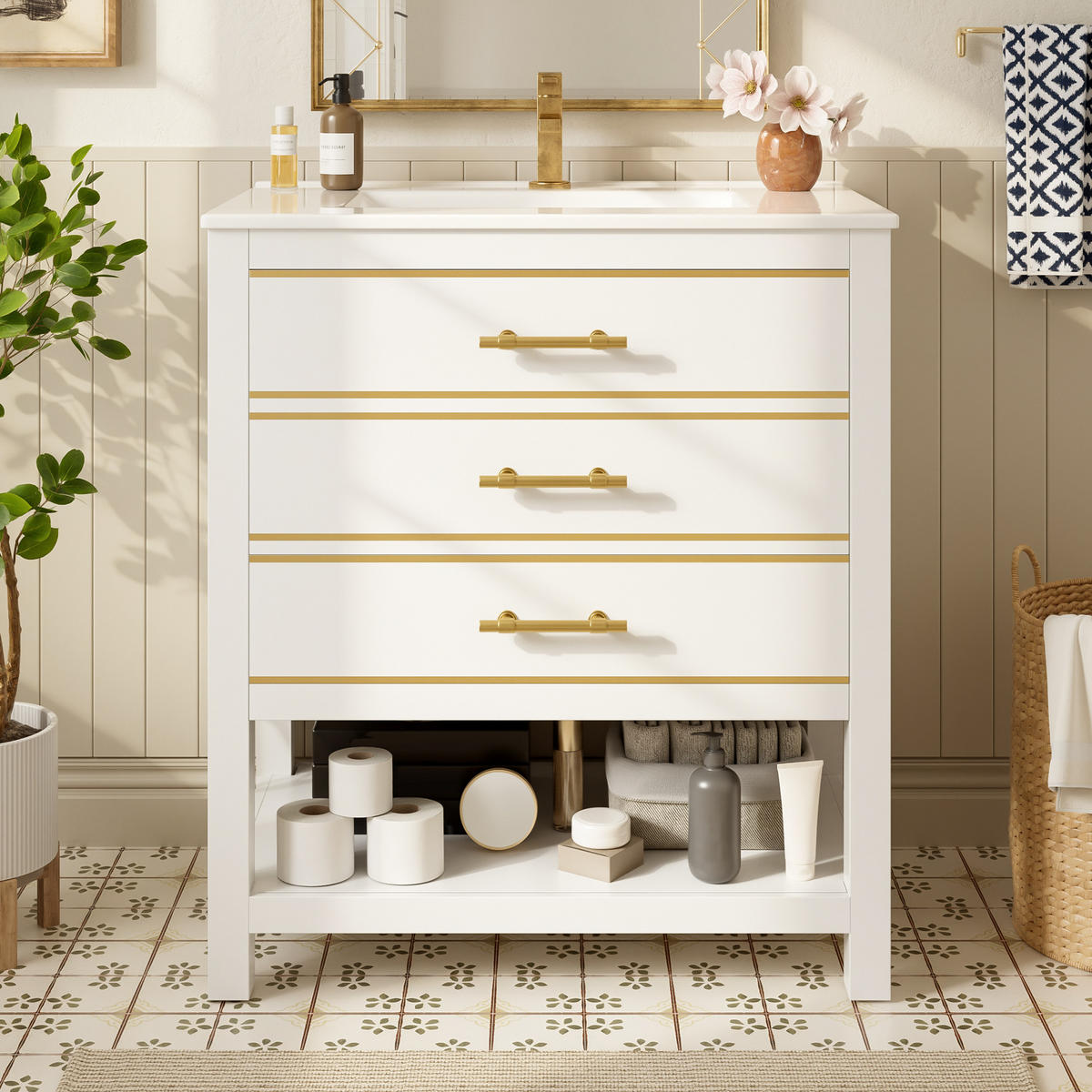 WASCHTISCHUNTERSCHRANK mit Keramikbecken 66x46.5x86cm Weiß-Gold, 2 Schubladen - Weiß, Holzwerkstoff (76/86/46.5cm) - Modfu