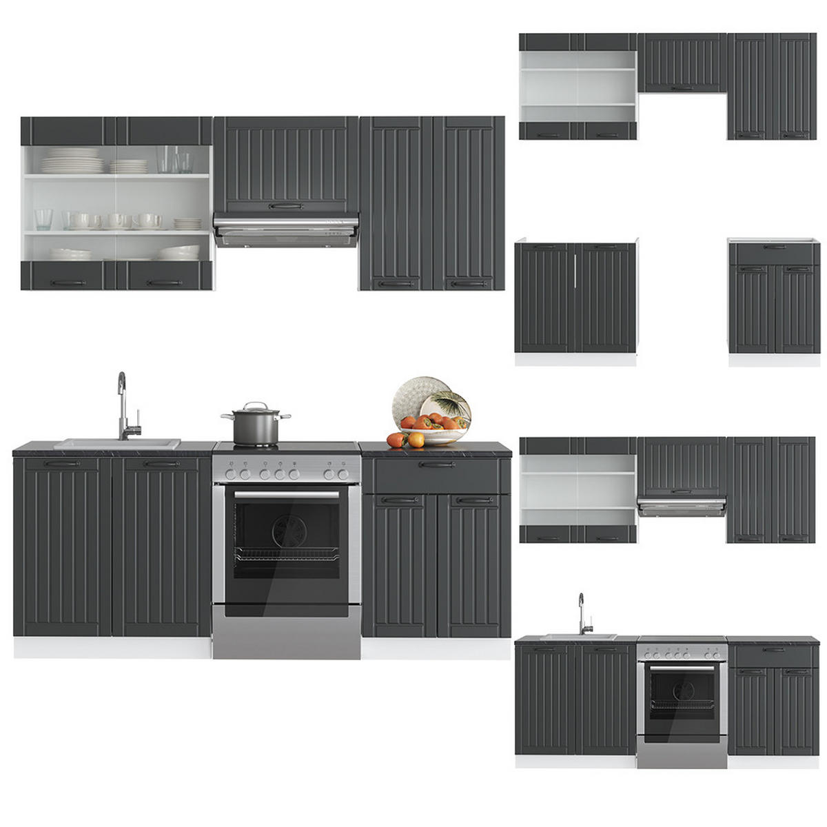 KÜCHENZEILE Fame-Line Anthrazit Landhaus/Weiß 200 cm ohne AP - Dunkelgrau/Weiß, Holzwerkstoff (200/81.6/46cm) - Vicco