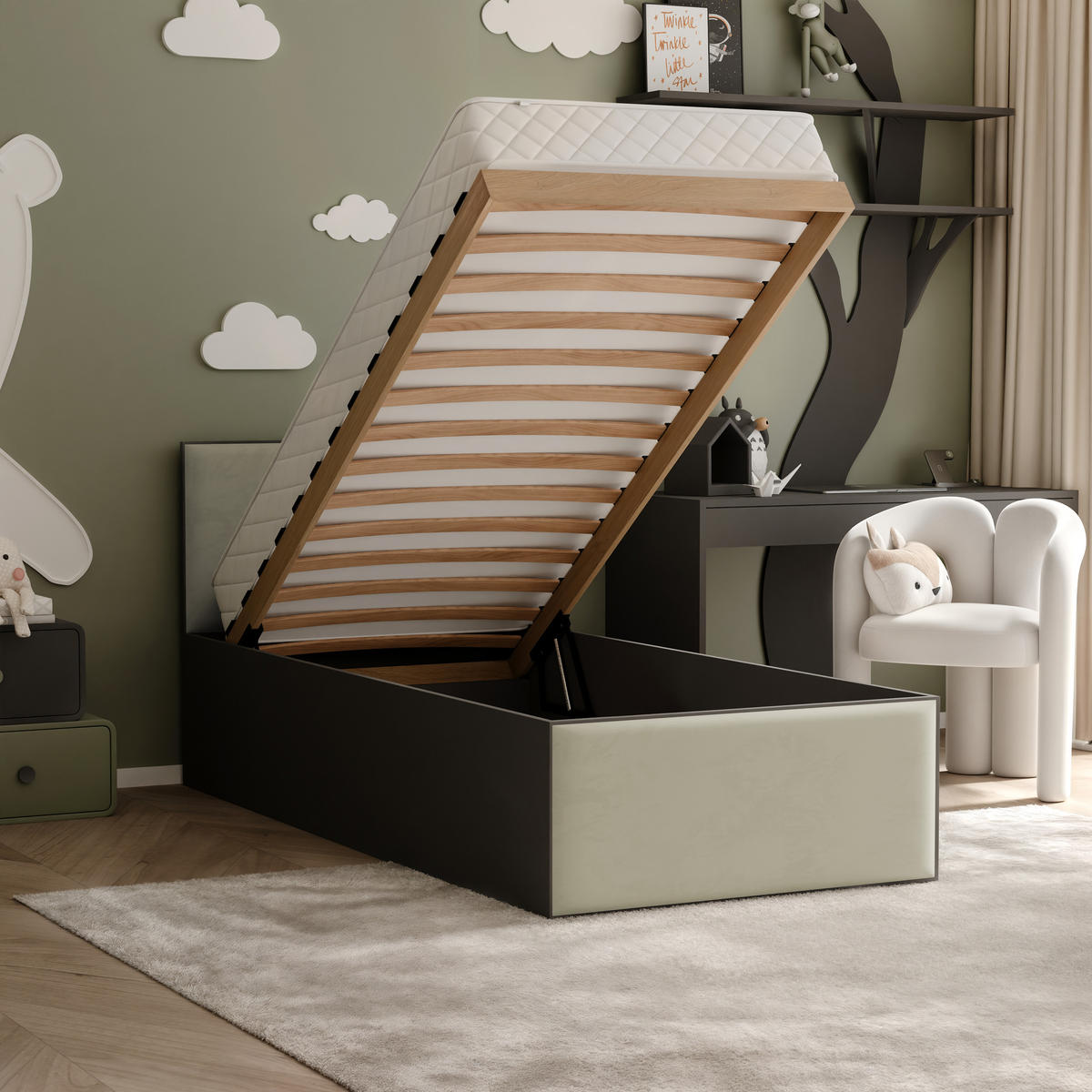 POLSTERBETT SASHI 90/200 cm Bettkasten, ohne Matratze, Schwarz / Graugrün - Salbeigrün, Holz/Holzwerkstoff (90/200cm) - Idohome