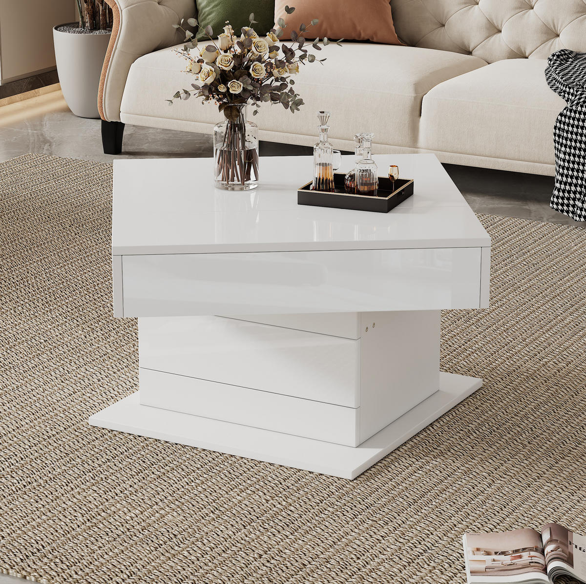 KONFERENČNÍ stolek 70/70/45 cm bílý z dřevotřísky s otočnou a výklopnou deskou - bílá, kompozitní dřevo (70/70/45cm) - OKWISH