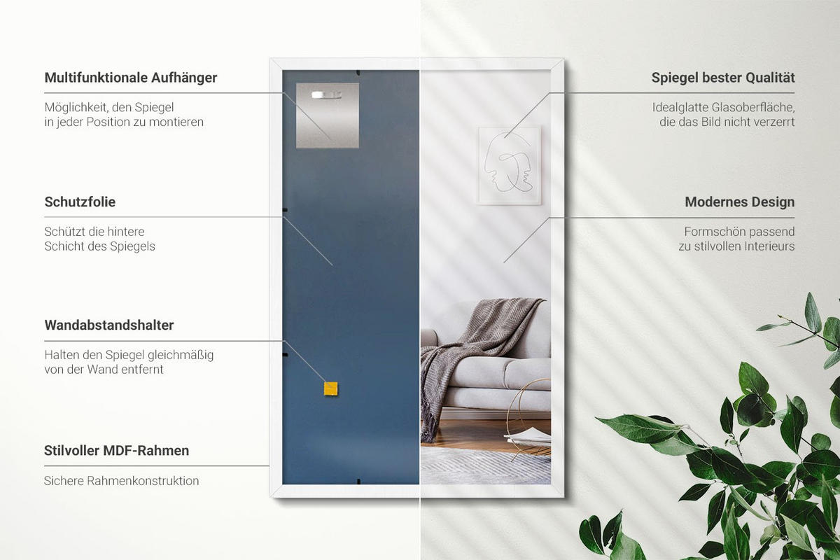 SPIEGEL 60x40cm Weißer Rahmen - Transparent, Glas (60/40/0.4cm) - Wallfluent