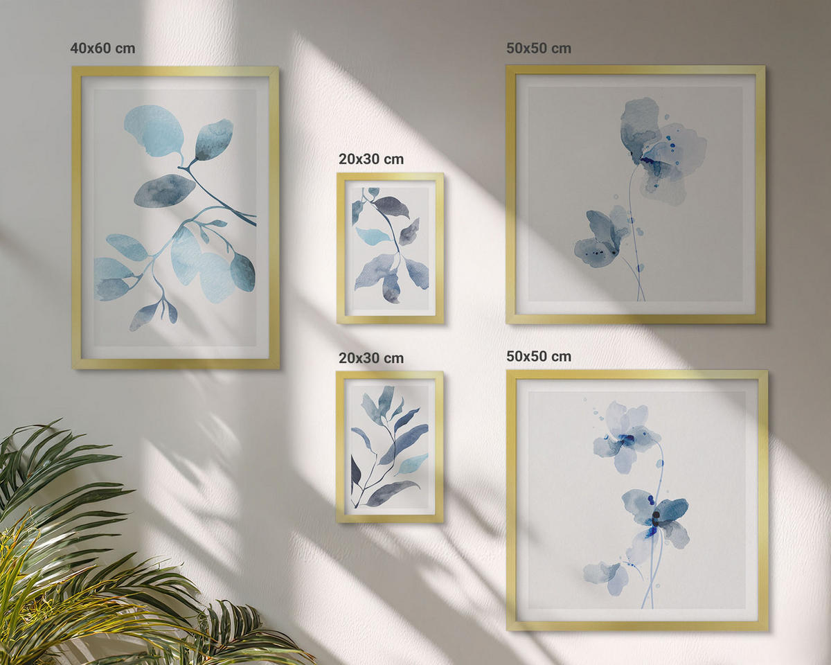 WANDBILDER 5er Set - 50x50 cm & 20x30 cm & 40x60 cm Goldrahmen - Aquarell von blauen Blättern - Goldfarben, Kunststoff (40/60cm) - ArtPrintCave