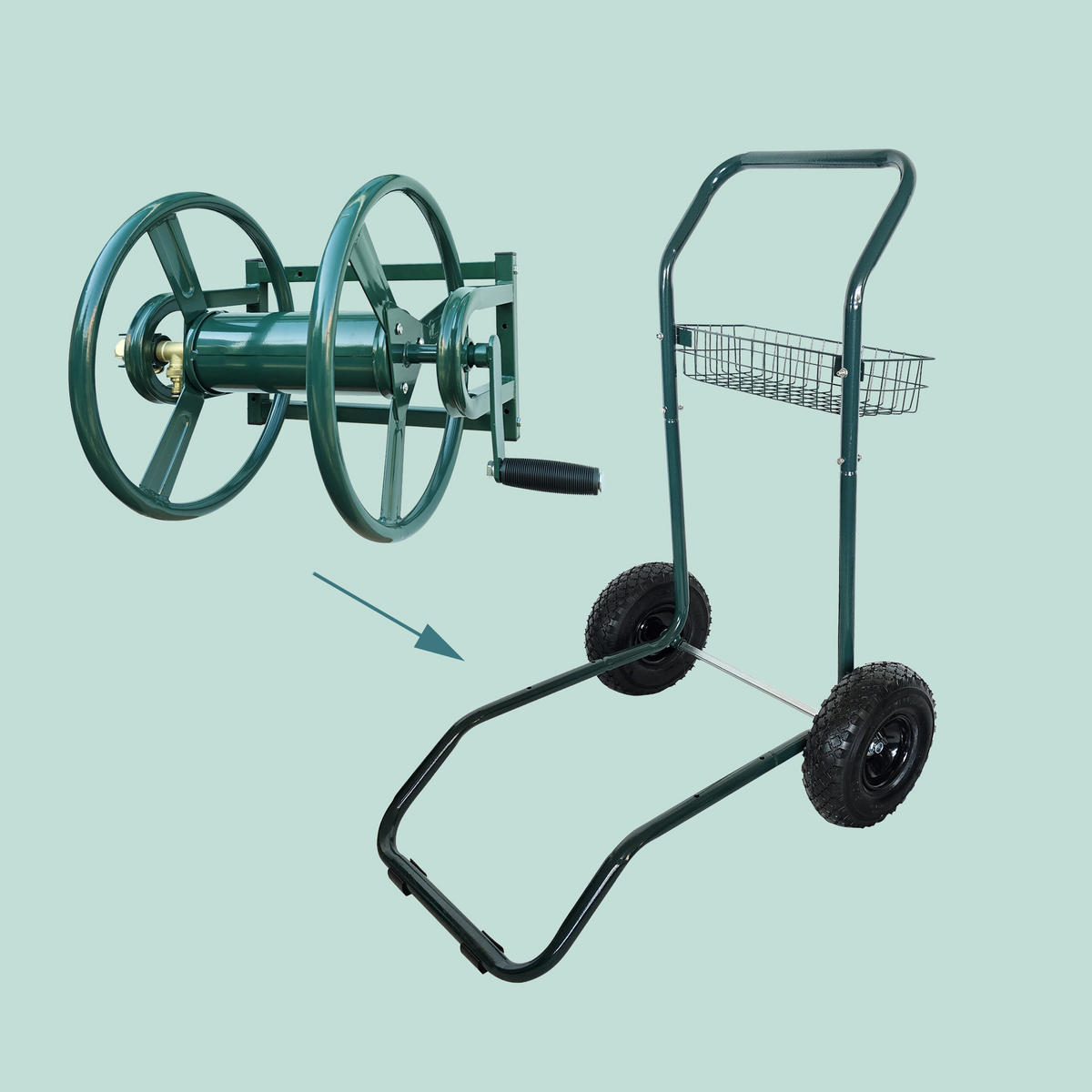 SCHLAUCHWAGEN Grün Stahl für 60 m Schlauch - Dunkelgrün, Kunststoff/Metall (66/94/60cm) - Relaxdays