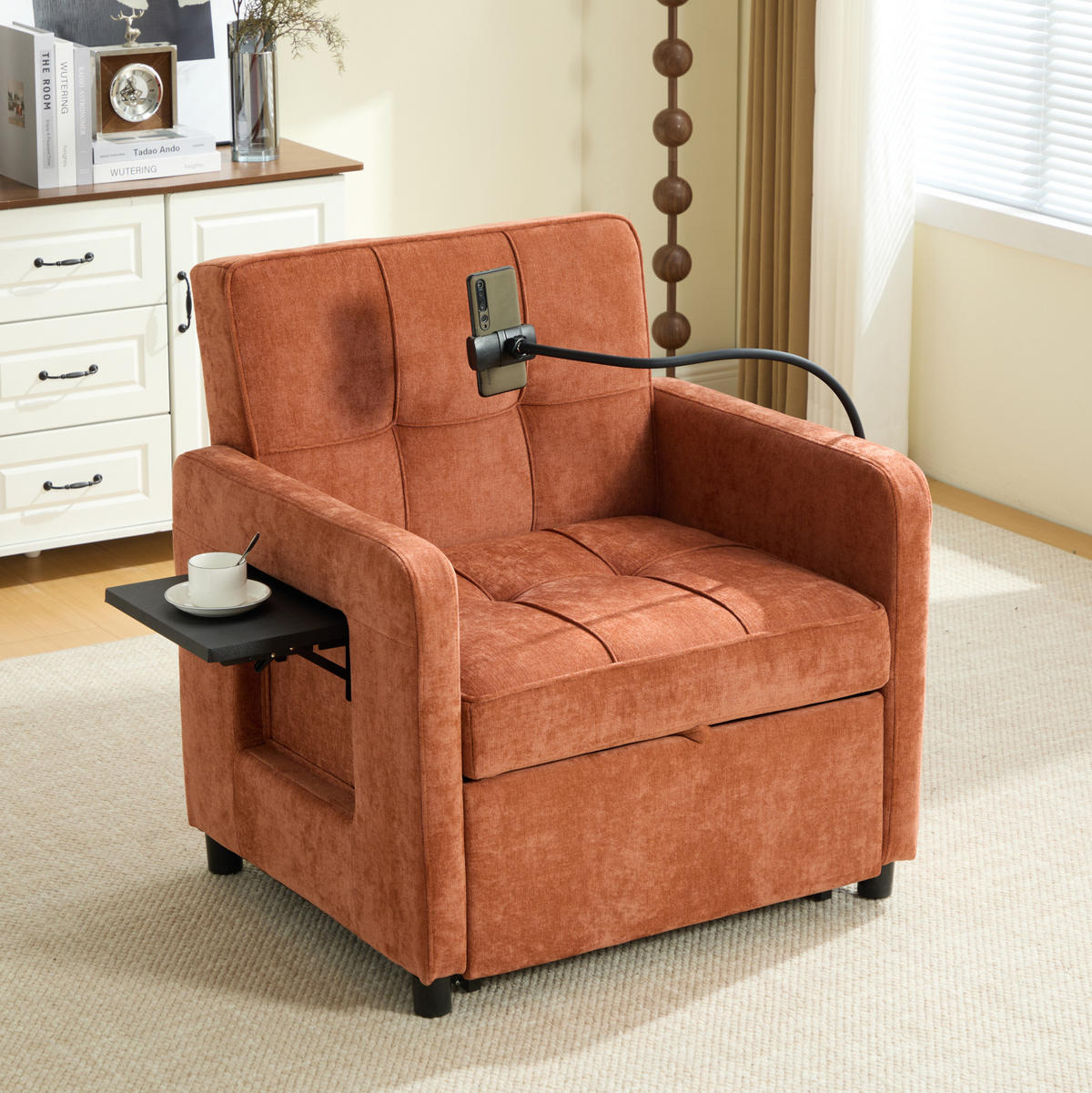 SCHLAFSESSEL 167/79/83 cm in Orange aus Chenille mit Liegefunktion und Stauraum - Orange, Textil (167/83/79cm) - BEAOK