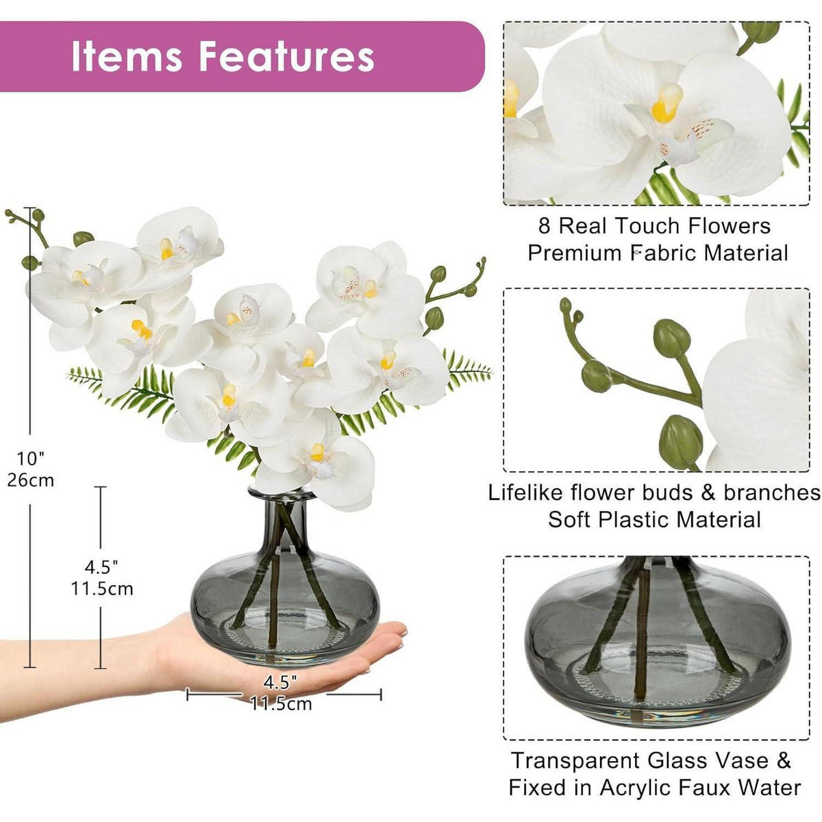 KUNSTBLUMEN Orchidee Phalaenopsis Weiß im Glastopf 16 cm - Weiß, Kunststoff (30cm)