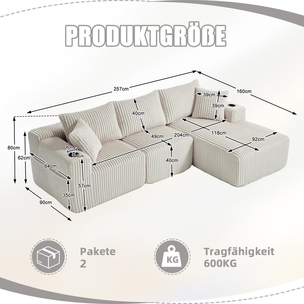 ECKSOFA Inklusive 5 Kissen,seitlicher Stauraum und Getränkehalter, Beige - Beige, Textil (160/257cm) - KOMHTOM