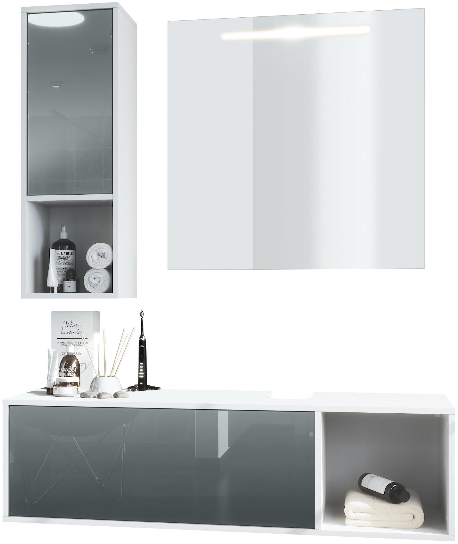 BADMÖBELSET La Costa Fronten in Grau Hochglanz - Grau, Holzwerkstoff (126.5/190/46cm) - Vladon