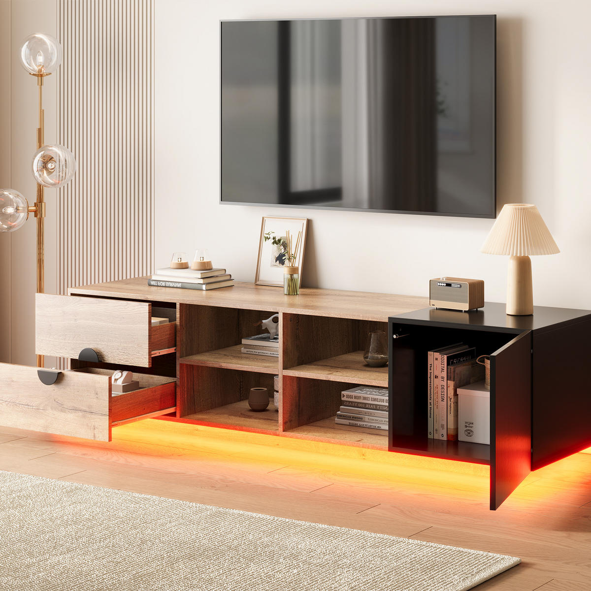 TV-SCHRANK mit Schublade, offenem Fach und Stauraum, Holz/Schwarz - Schwarz, Holzwerkstoff (180/47/38.5cm)