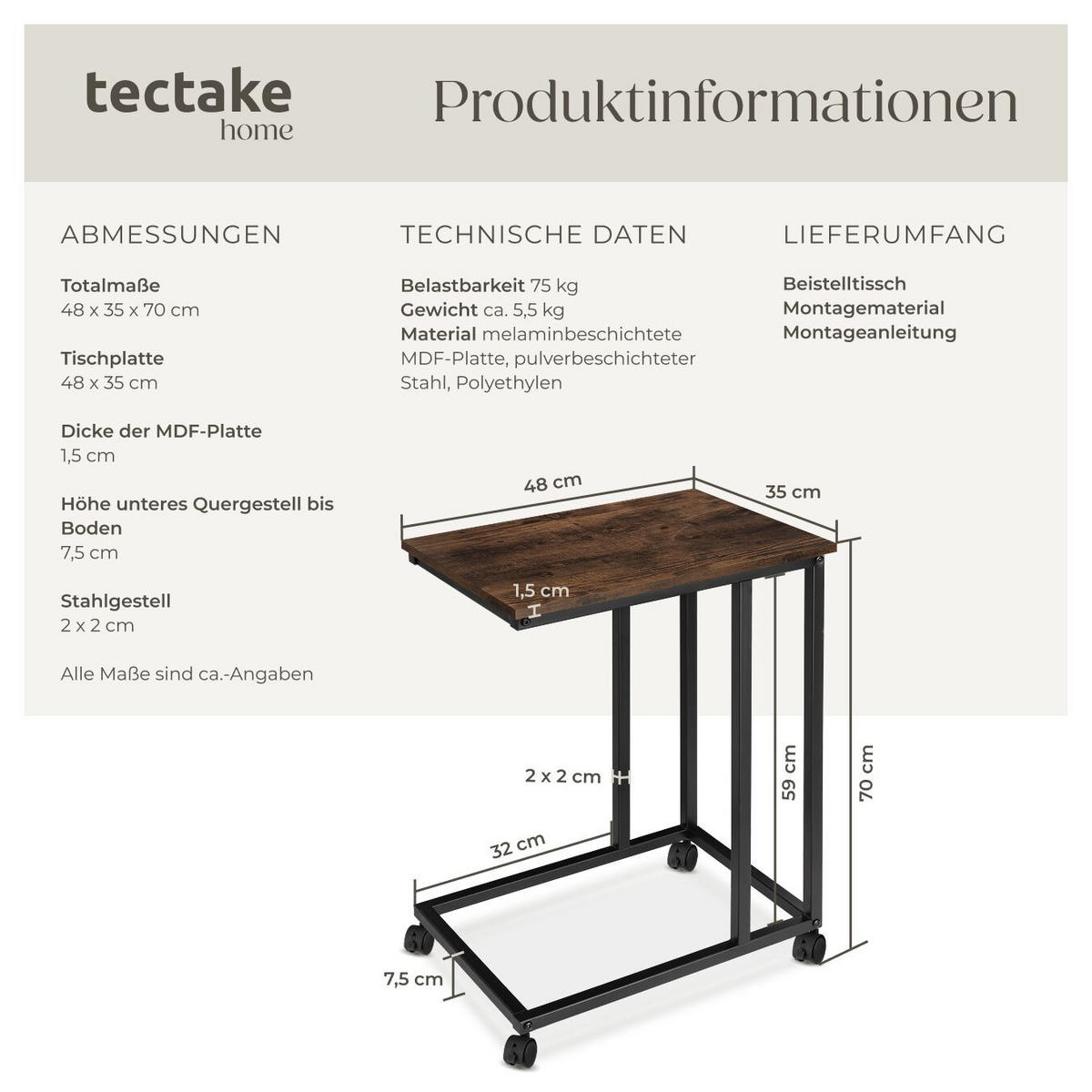 BEISTELLTISCH Luton,48 x 35 x 70 cm,Industrial Holz dunkel, rustikal - Rostfarben, Holz (48/35/70cm) - tectake