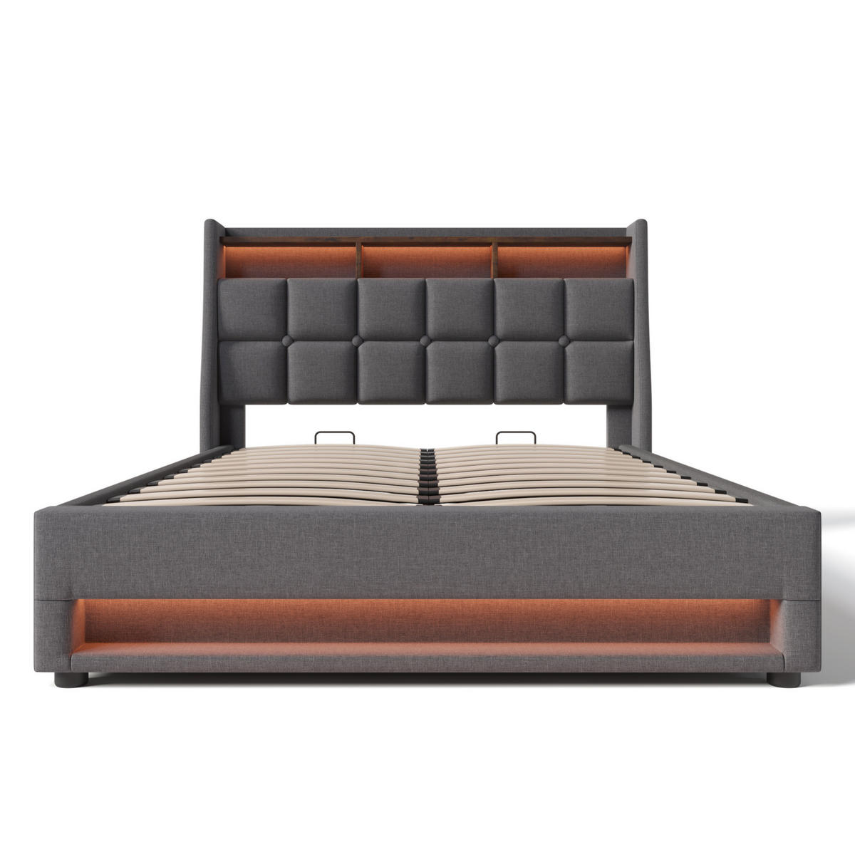 POLSTERBETT 140x200 cm in Grau mit LED-Beleuchtung, USB-Anschlüssen, Stauraum und Matratze - Grau, Textil (140/200cm) - IVMEU