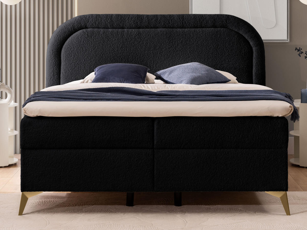 BOXBETT Sonna 140/200 cm Schwarz Bouclé-Stoff mit abgerundetem Kopfteil und mit goldenen Metallfüßen - Goldfarben/Schwarz, Holz/Textil (140/200cm) - S-Style Möbel