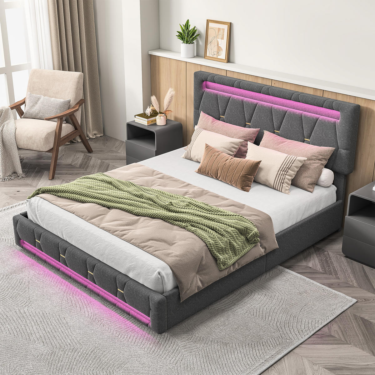 POLSTERBETT 140x200 cm, Grau, mit 4 Schubladen, LED-Beleuchtung - Grau, Textil/Metall (140/200cm)