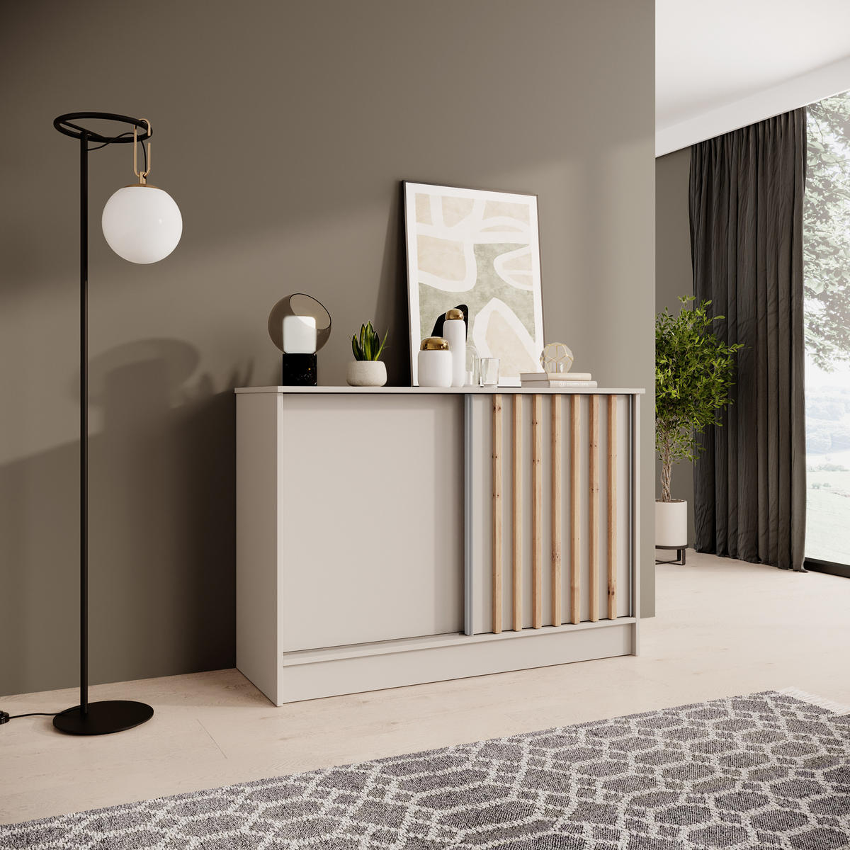 KOMMODE Horizon mit 2 Schiebetüren, Kaschmir+schwarz, 120 cm - Kaschmir/Eiche Artisan, Holzwerkstoff (121/85/43.5cm) - Beautysofa