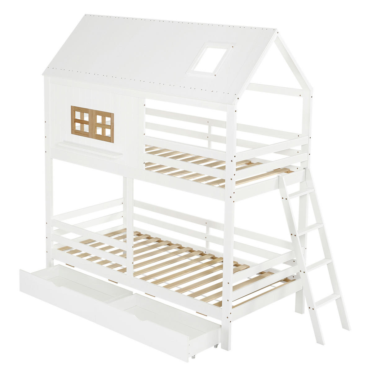 HAUSBETT 90/200 cm in Weiß/Natur mit Dach, Fenstern und 2 Schubladen - Weiß, Holz (90/200cm) - BEAOK
