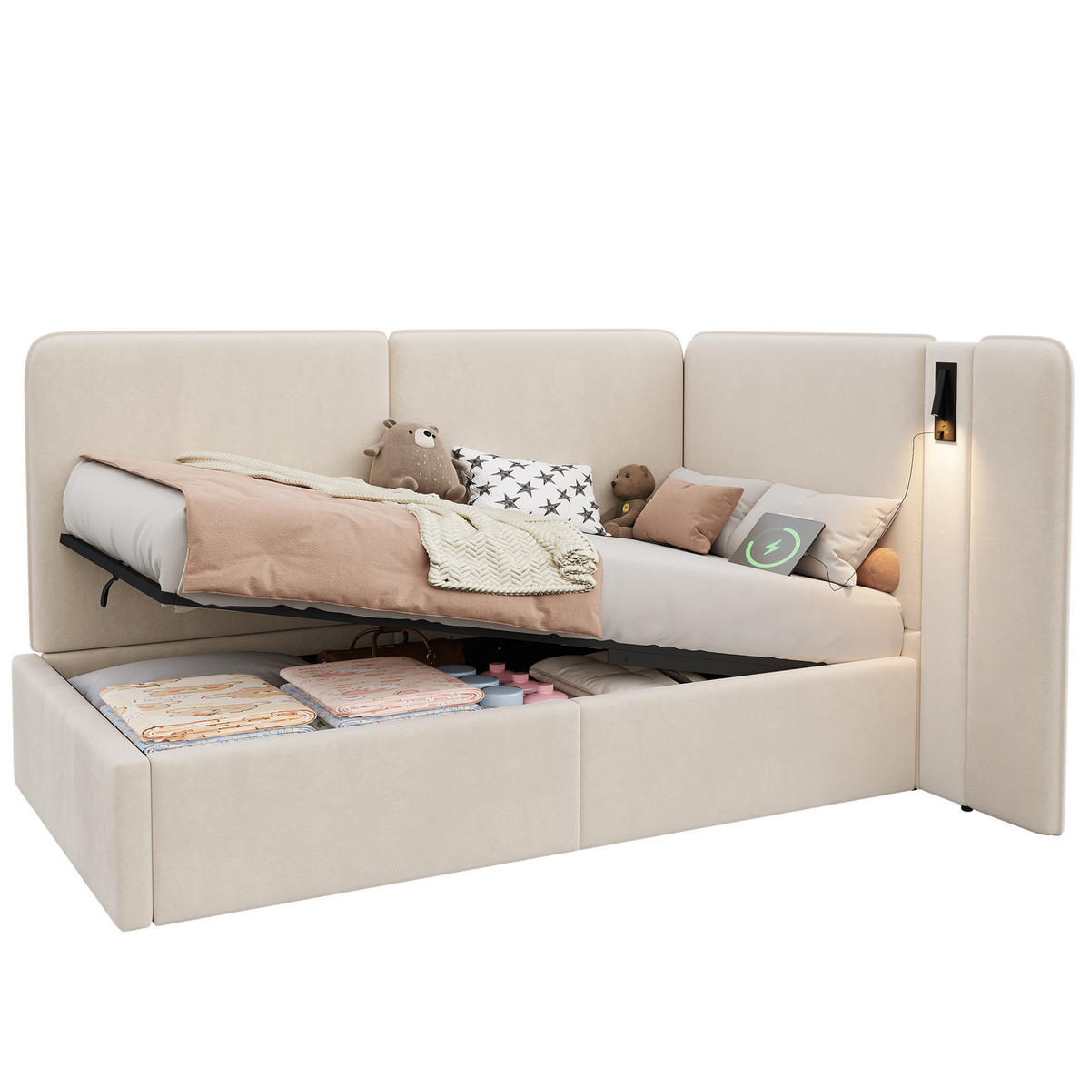 TAGESBETT 90/200 cm aus Samt mit hydraulischem Stauraum, USB-C-Anschluss und Leselampe Beige - Beige, Textil (90/200cm) - Modenvie