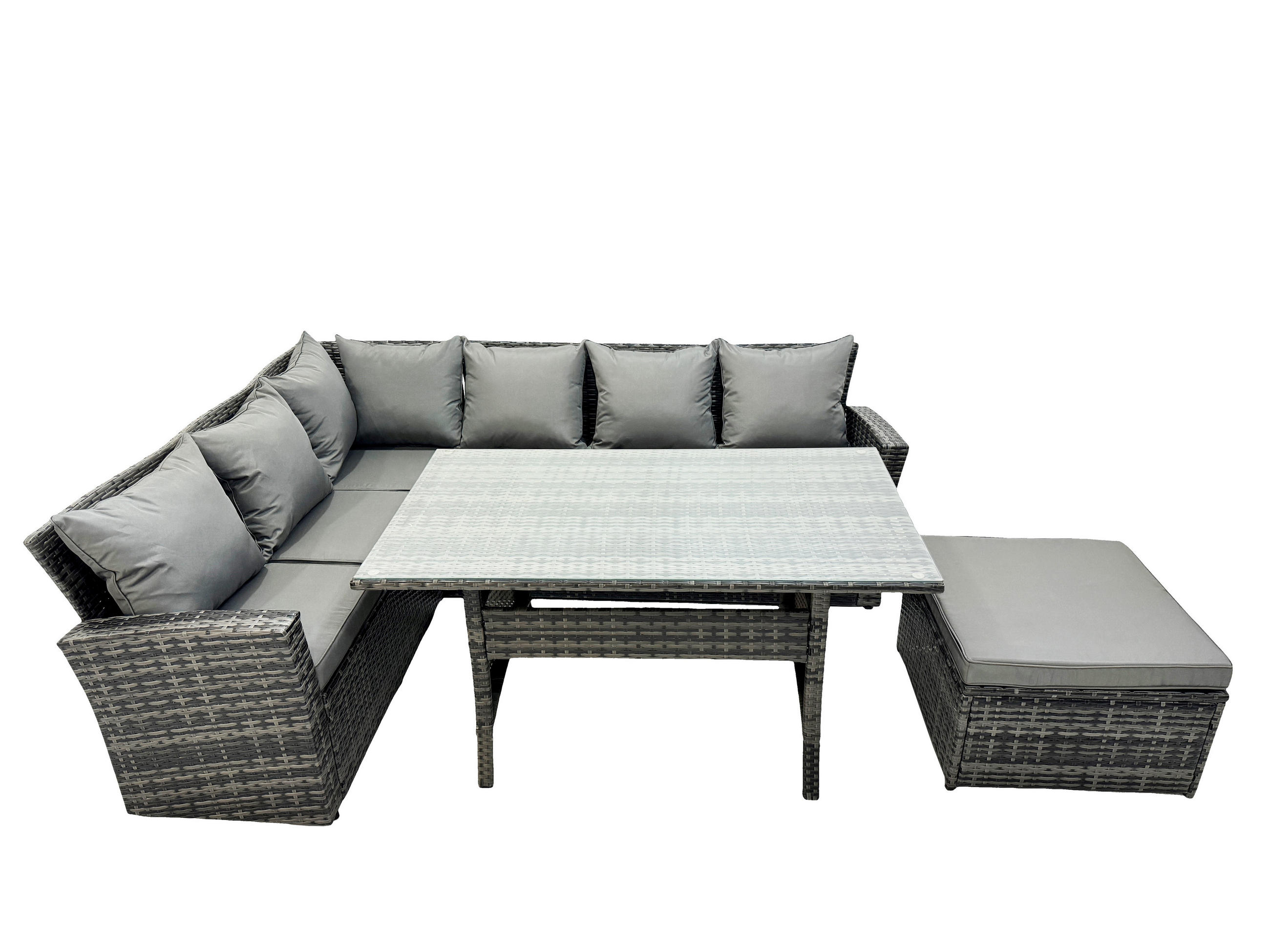 GARTENLOUNGE mit Ecksofa Polyrattan Dunkelgrau 7-Sitzer - Dunkelgrau/Grau, Glas/Kunststoff - Fimous