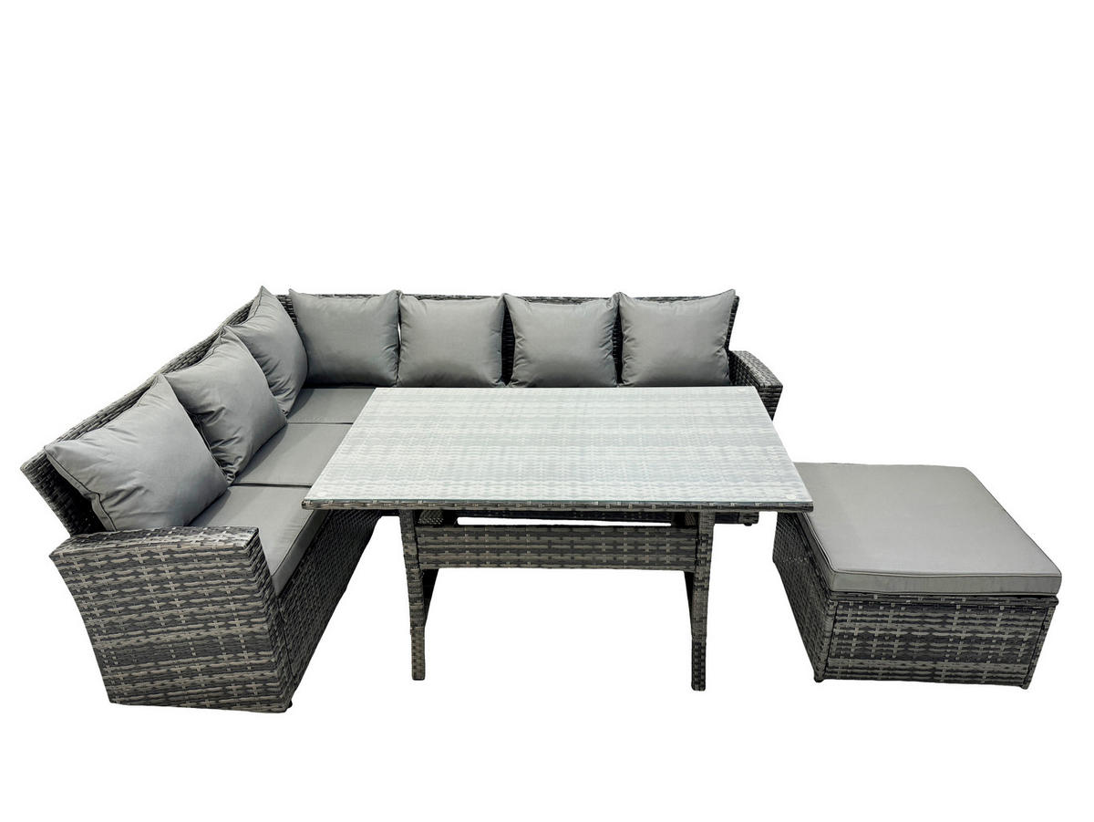 GARTENLOUNGE mit Ecksofa Polyrattan Dunkelgrau 7-Sitzer - Dunkelgrau/Grau, Glas/Kunststoff - Fimous