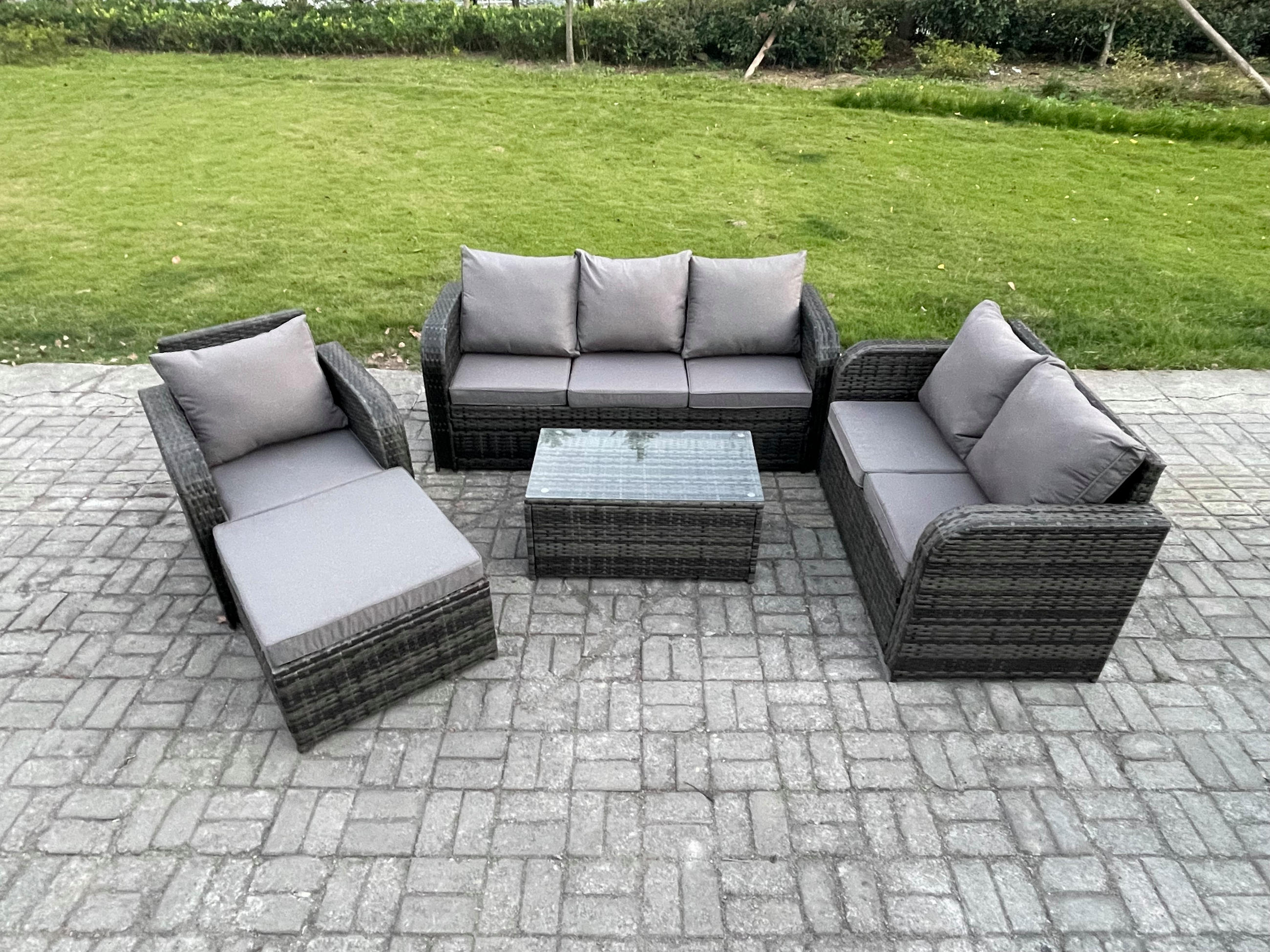 GARTENSET Polyrattan Dunkelgrau 7-Sitzer - Dunkelgrau/Grau, Glas/Kunststoff - Fimous