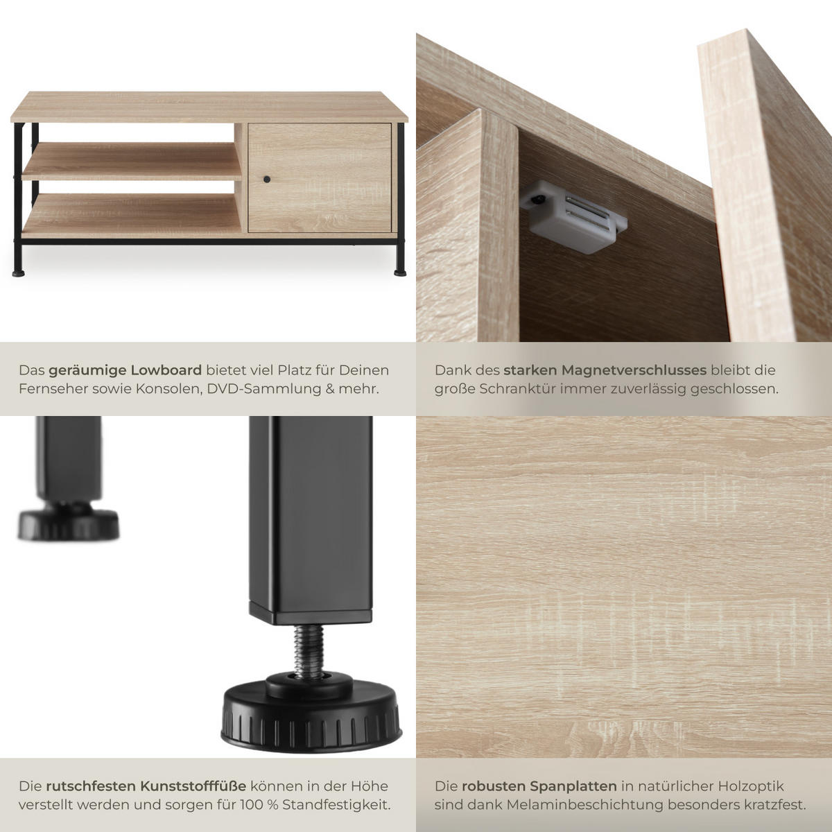 TV-REGAL Durban,110 x 40 x 45,5 cm,Industrial Holz hell, Eiche Sonoma - Naturfarben, Holzwerkstoff (40/45.5/110cm) - tectake