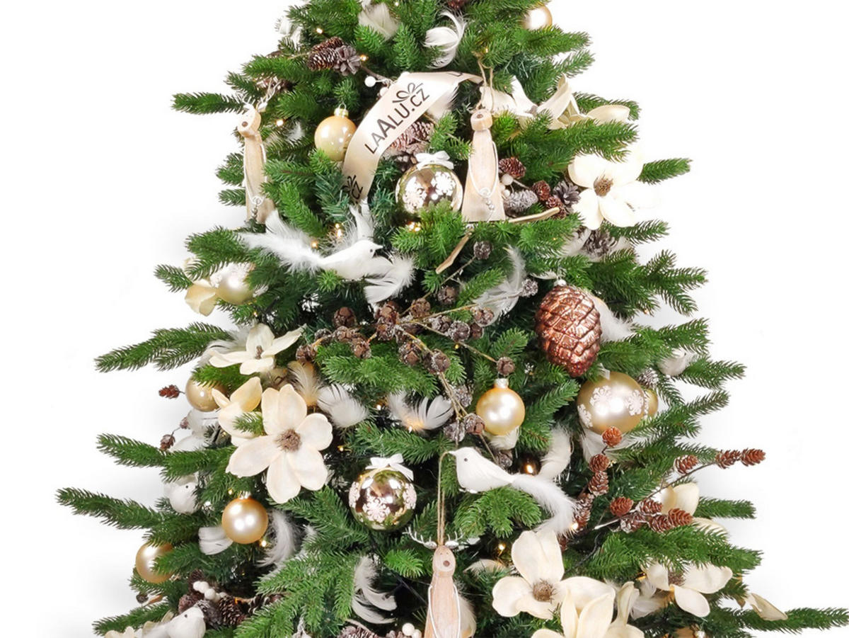 WEIHNACHTSBAUM geschmückt künstlich mit 136 Stk Kugeln ELEGANZ DER NATUR 270 cm mit Metallständer - Creme/Braun, Kunststoff (270cm) - LAALU